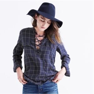 Madewell Silk Windowpane Lace-up Blouse Sz M